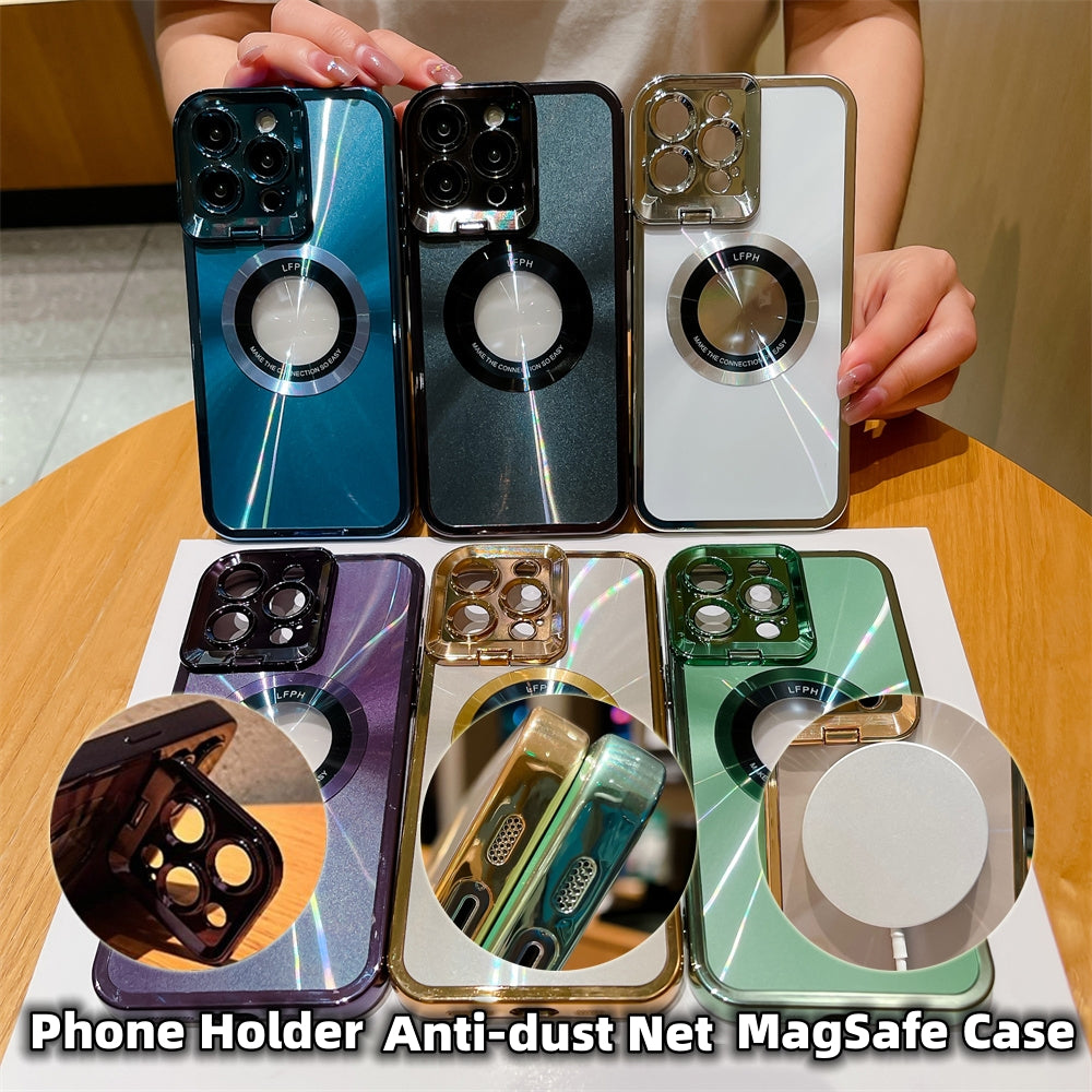 MagSafe Electroplated Luxury iPhone Case – CD Pattern with Camera Protection & Stand