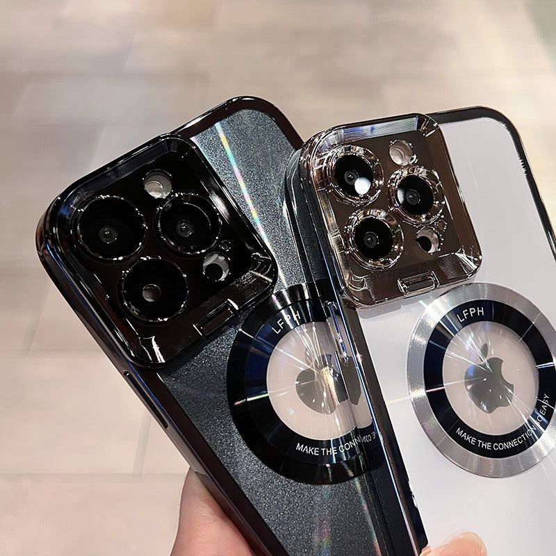 MagSafe Electroplated Luxury iPhone Case – CD Pattern with Camera Protection & Stand